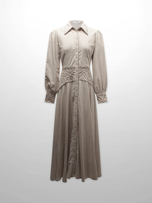 Piped Design Yoke Dress-Oatmeal-0