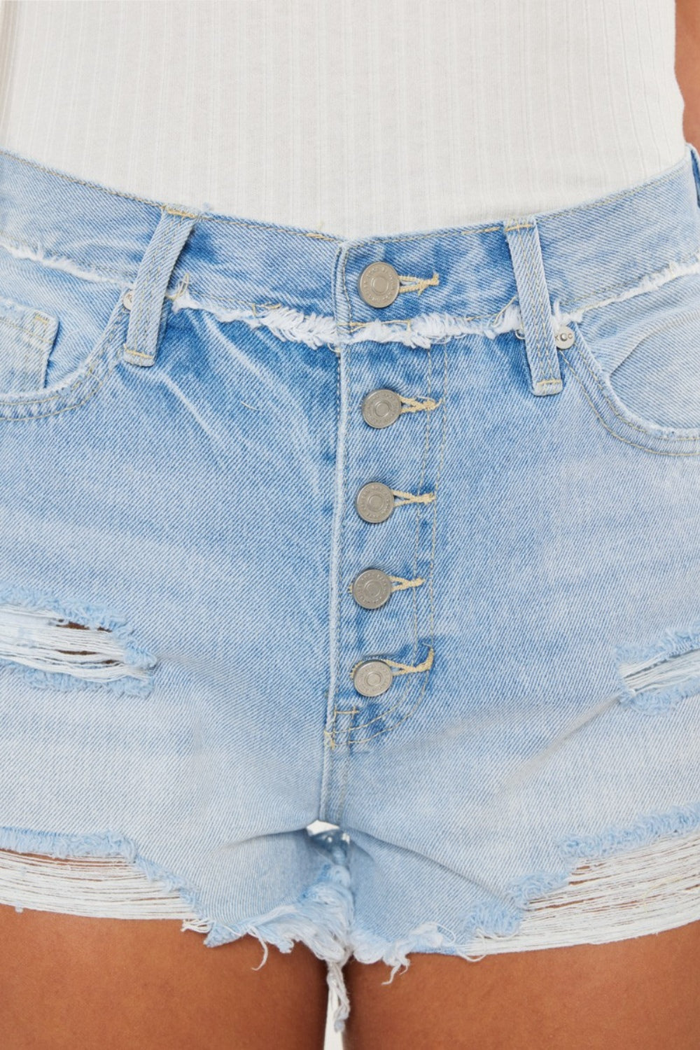 Distressed Button Fly Denim Shorts by Kancan
