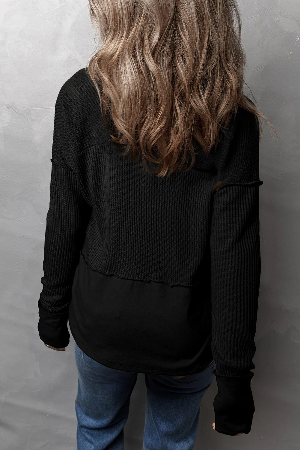 Waffle-Knit Exposed Seam Long Sleeve Top