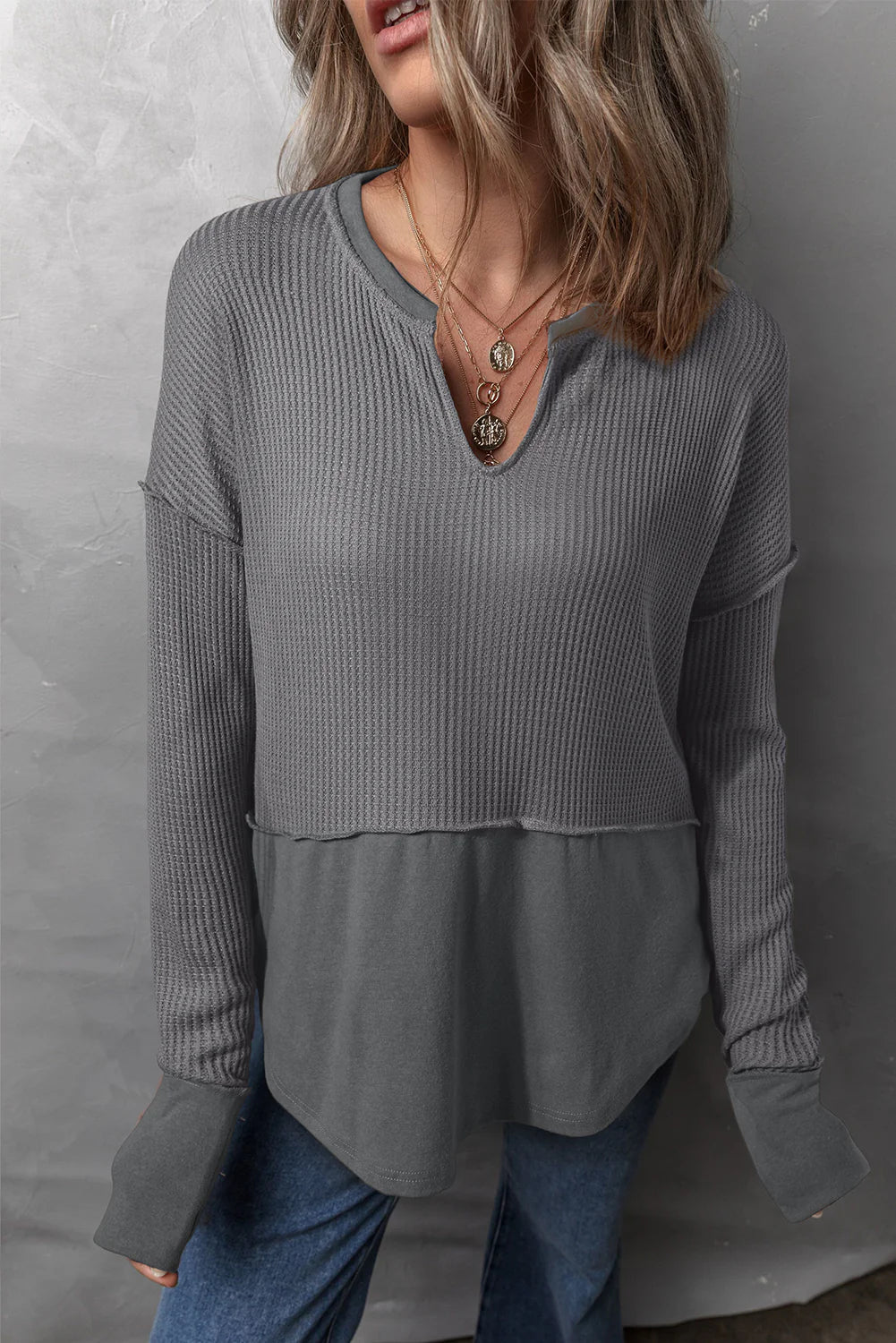 Waffle-Knit Exposed Seam Long Sleeve Top
