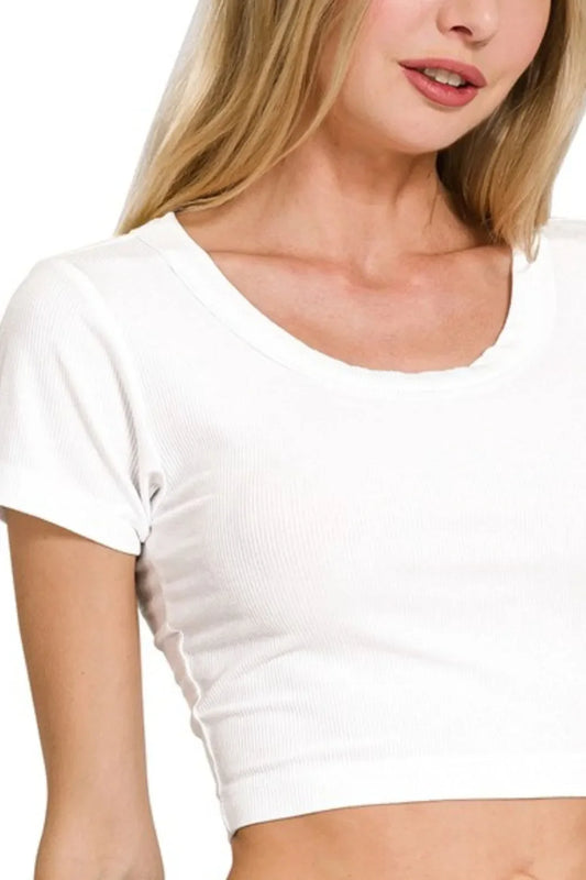 Zenana Ribbed Scoop Neck Crop Short Sleeve Top-1