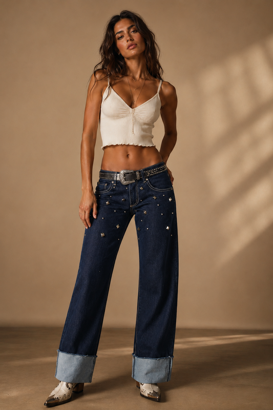 Silver Static Jean -  Low Rise Wide Leg Cuffed in Indigo by GJG Denim
