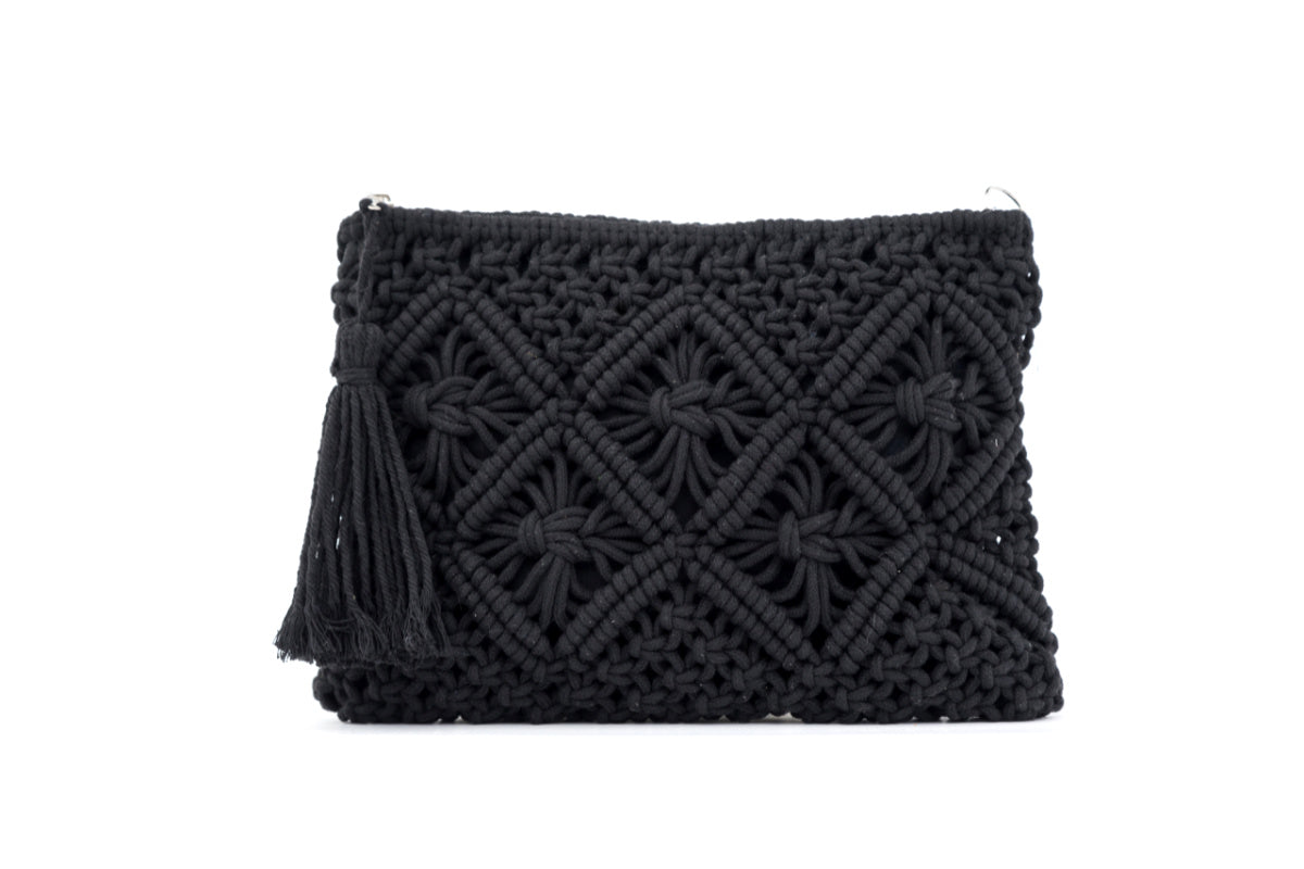Macrame Tassel Clutch in khaki and black