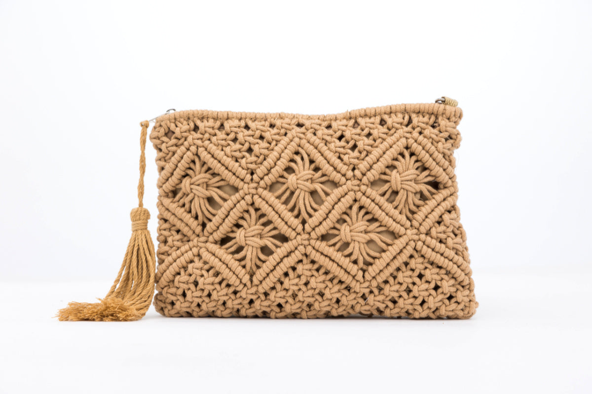 Macrame Tassel Clutch in khaki and black