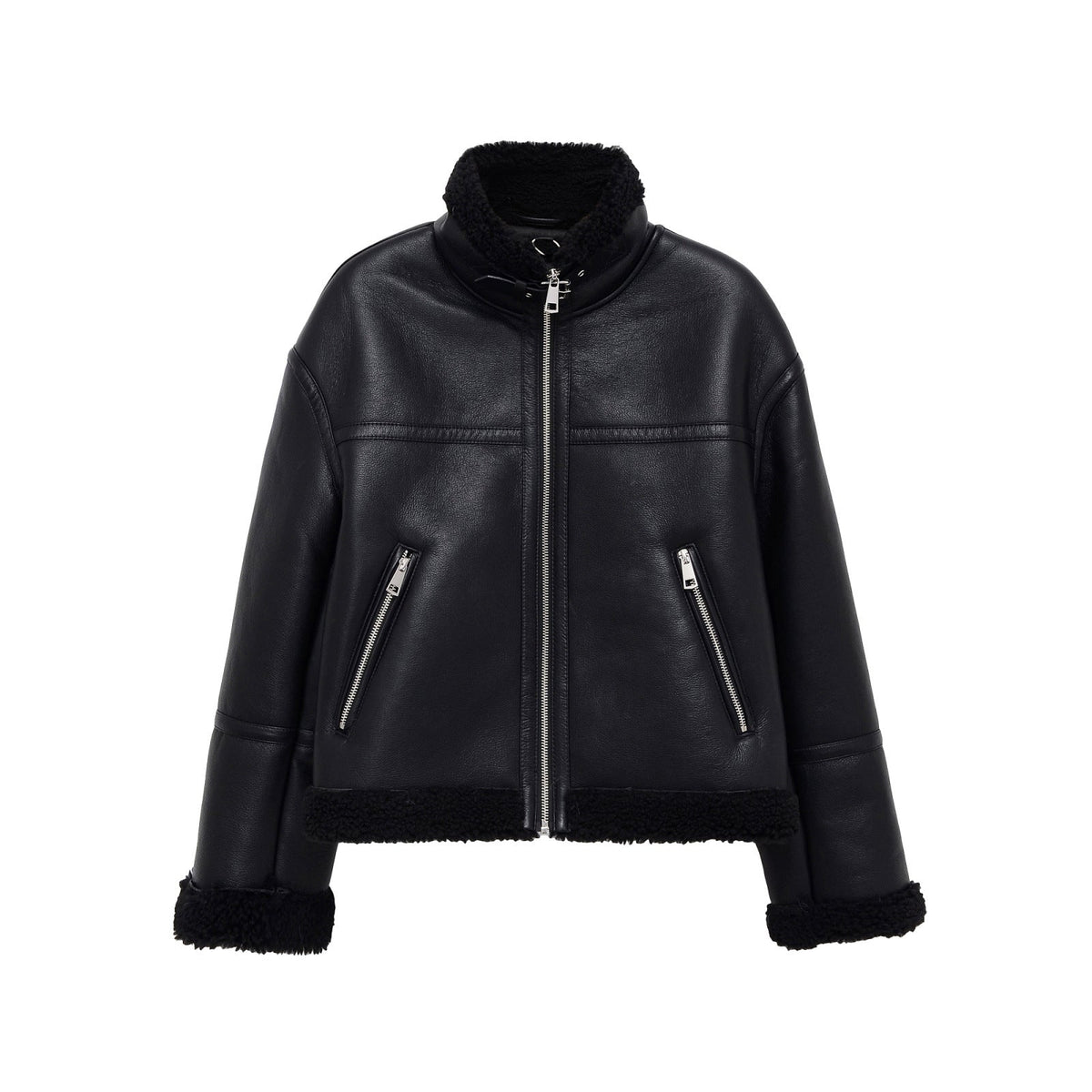 Women's Jacket Black Faux Leather Shearling BYMANYC ® New York SOHO BLACK AVIATOR BIKER - New Collection-1
