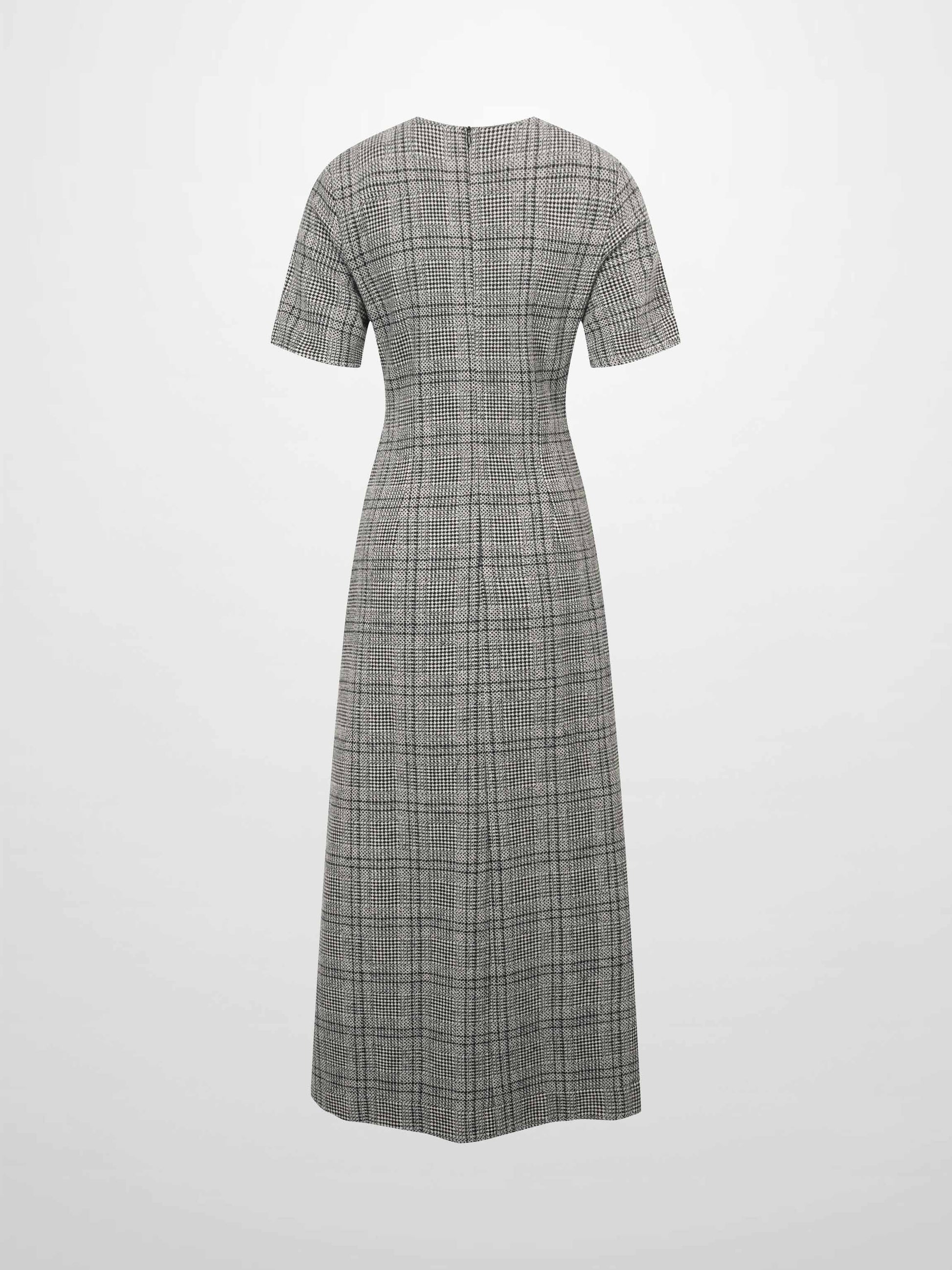 Front Pleat Square Neck Dress-Black/White Plaid-2