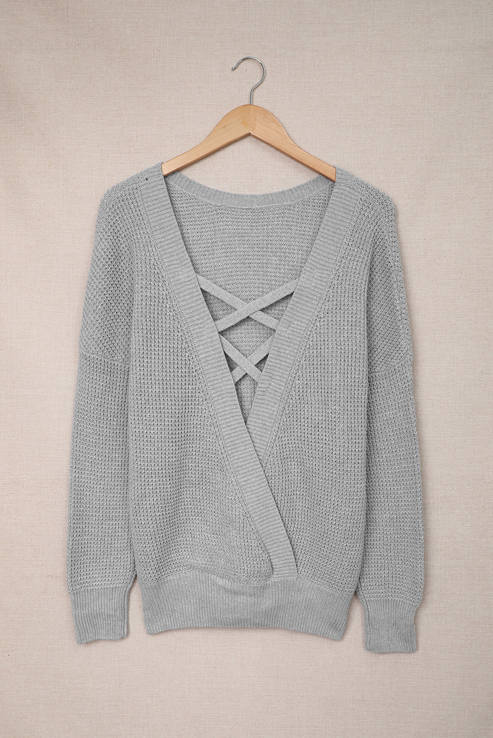Gray Cross Back Waffle Weave Sweater