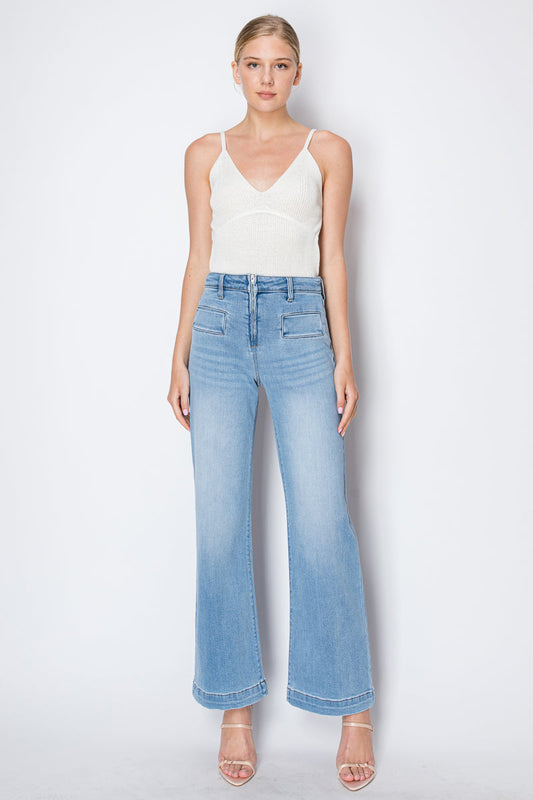 The Noemi Jean - Eco Friendly Front Pocket Detail High Rise Flare by Artemis Vintage