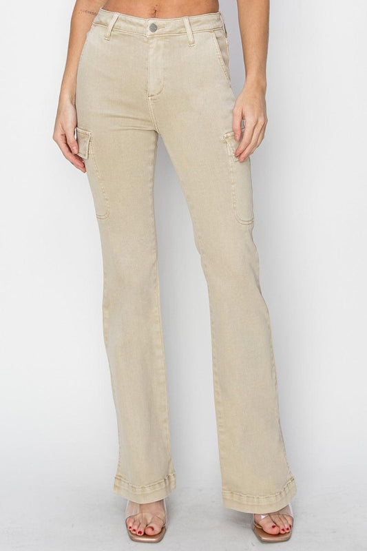 RISEN Full Size High Rise Side Slit Cargo Bootcut Jeans-0
