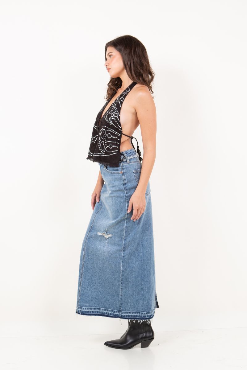 Livia High Rise Frayed Waistband w/ Slit Denim Maxi Skirt