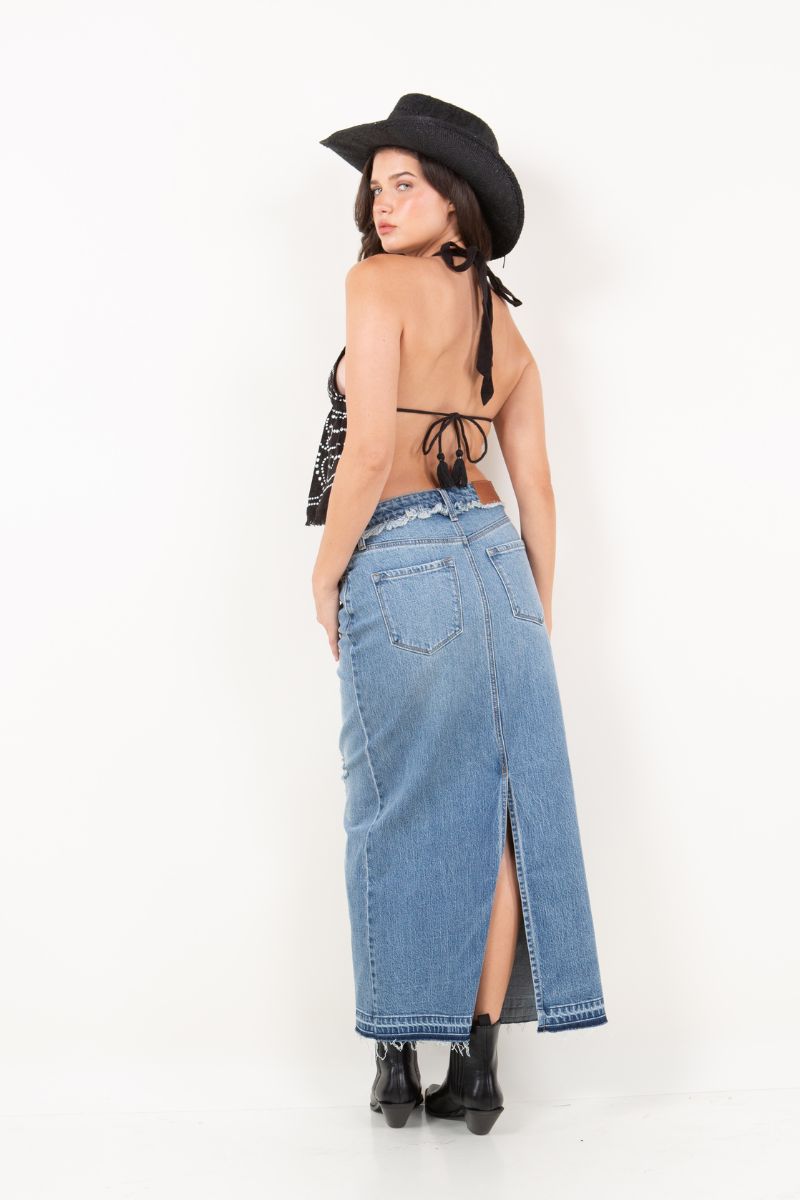 Livia High Rise Frayed Waistband w/ Slit Denim Maxi Skirt