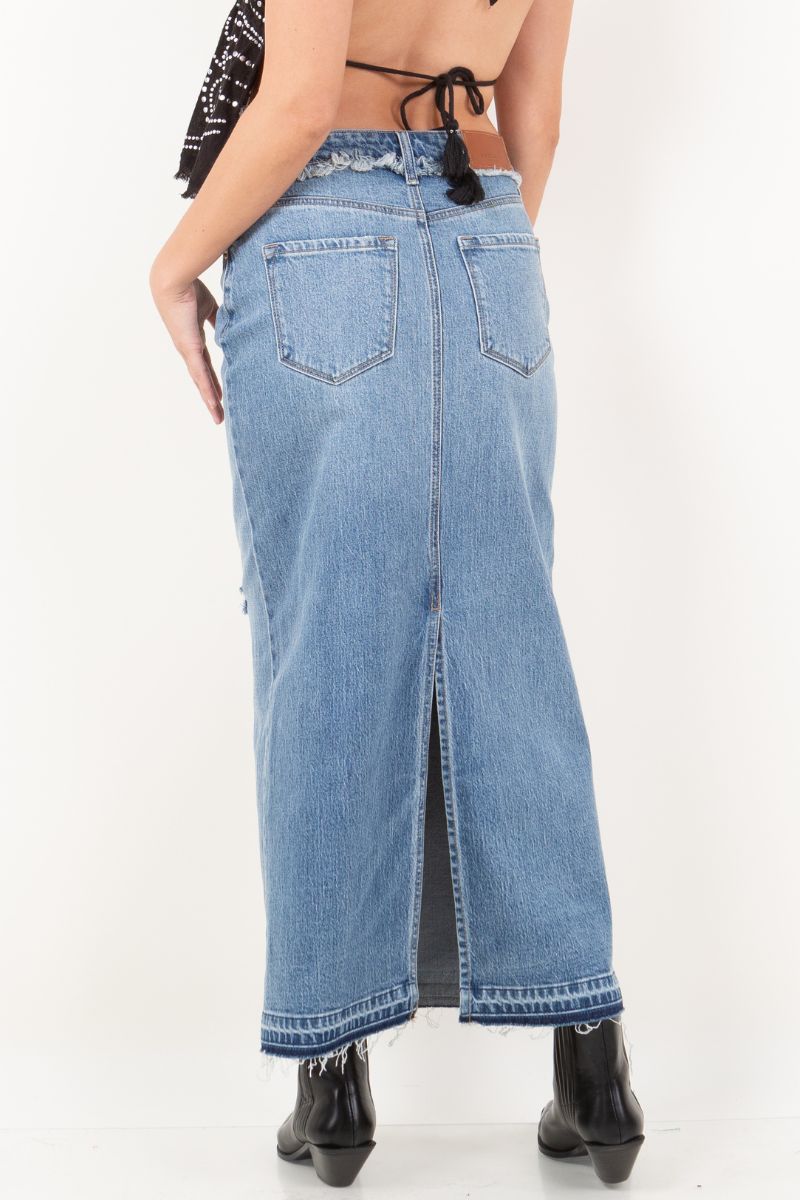 Livia High Rise Frayed Waistband w/ Slit Denim Maxi Skirt