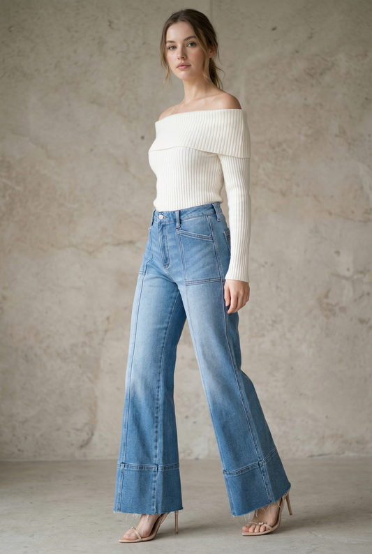 The Aurora Jean - Eco Friendly Fabric Slim Palazzo Jeans (Medium Wash) with Tummy Control by Artemis Vintage