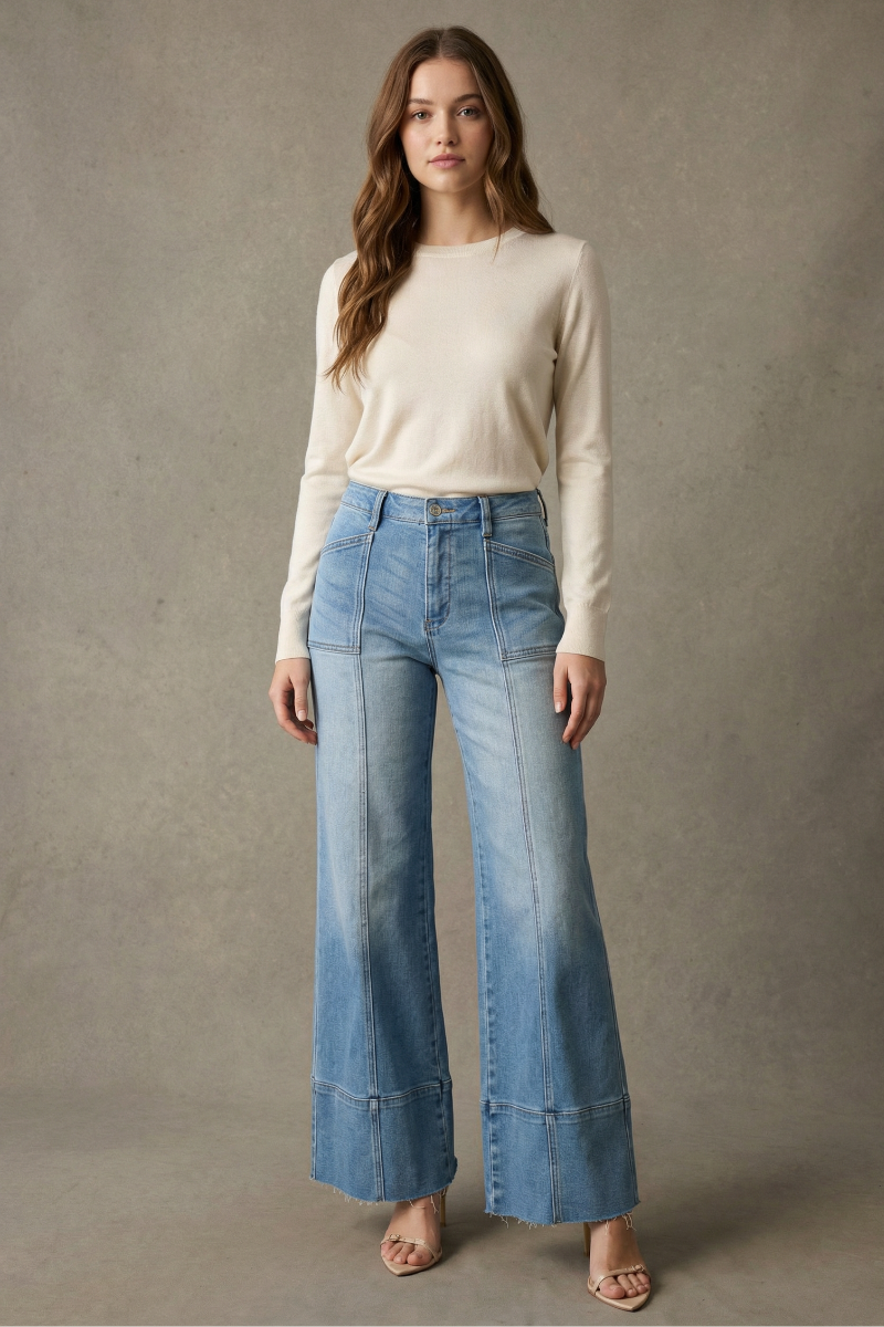 The Aurora Jean - Eco Friendly Fabric Slim Palazzo Jeans (Medium Wash) with Tummy Control by Artemis Vintage