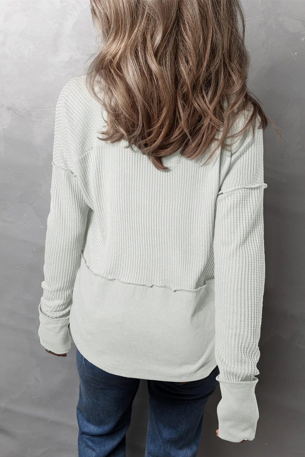 Waffle-Knit Exposed Seam Long Sleeve Top