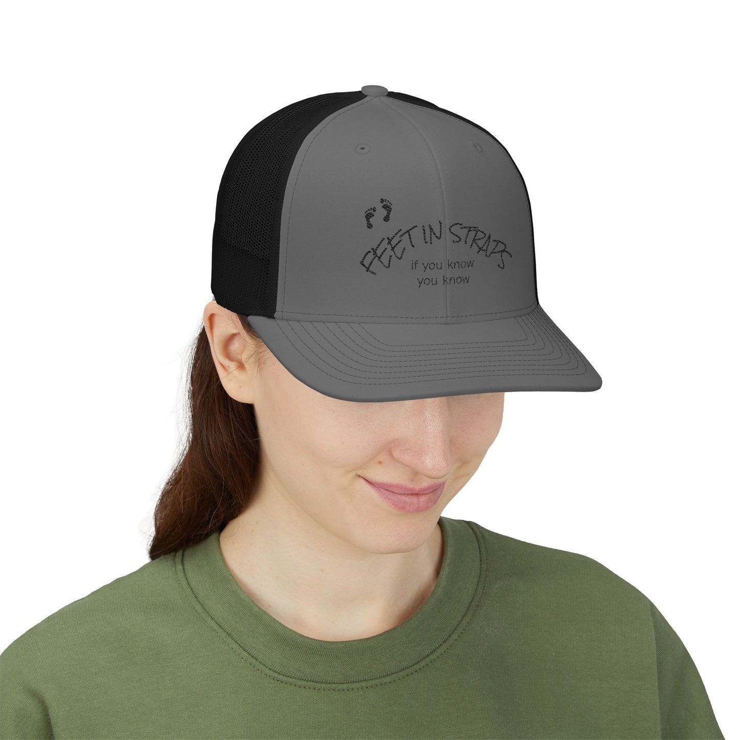 Feet in Straps Embroidered Snapback Trucker Cap - black font in multiple colors
