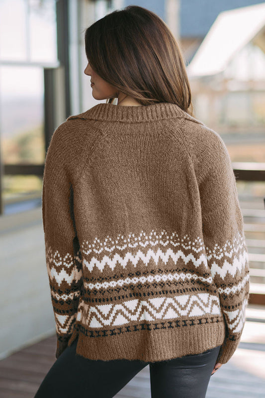 Printed Collared Zip Up Cardigan