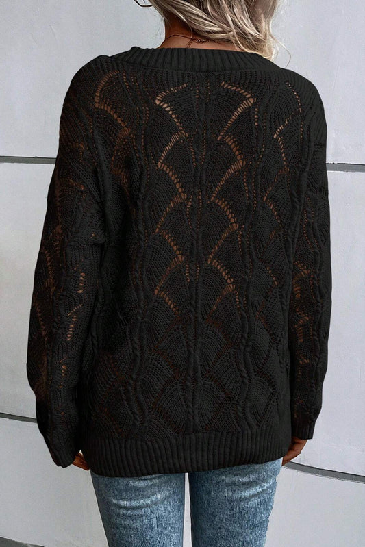 Hollowed Out Knit Drop Shoulder Sweater