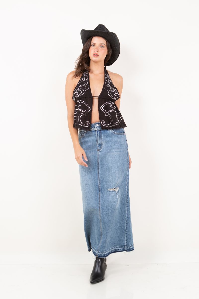 Livia High Rise Frayed Waistband w/ Slit Denim Maxi Skirt