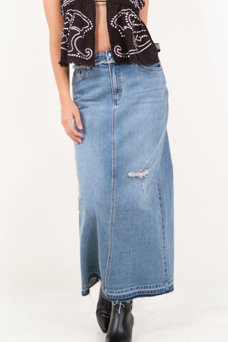 Livia High Rise Frayed Waistband w/ Slit Denim Maxi Skirt
