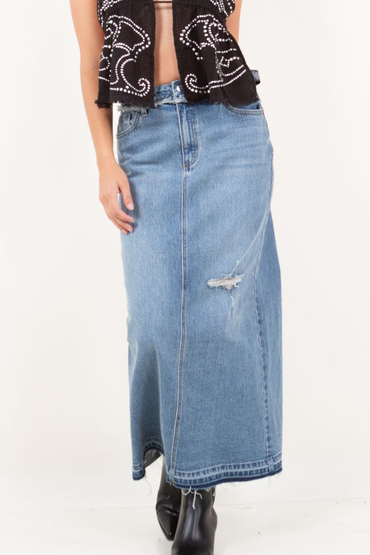 Livia High Rise Frayed Waistband w/ Slit Denim Maxi Skirt