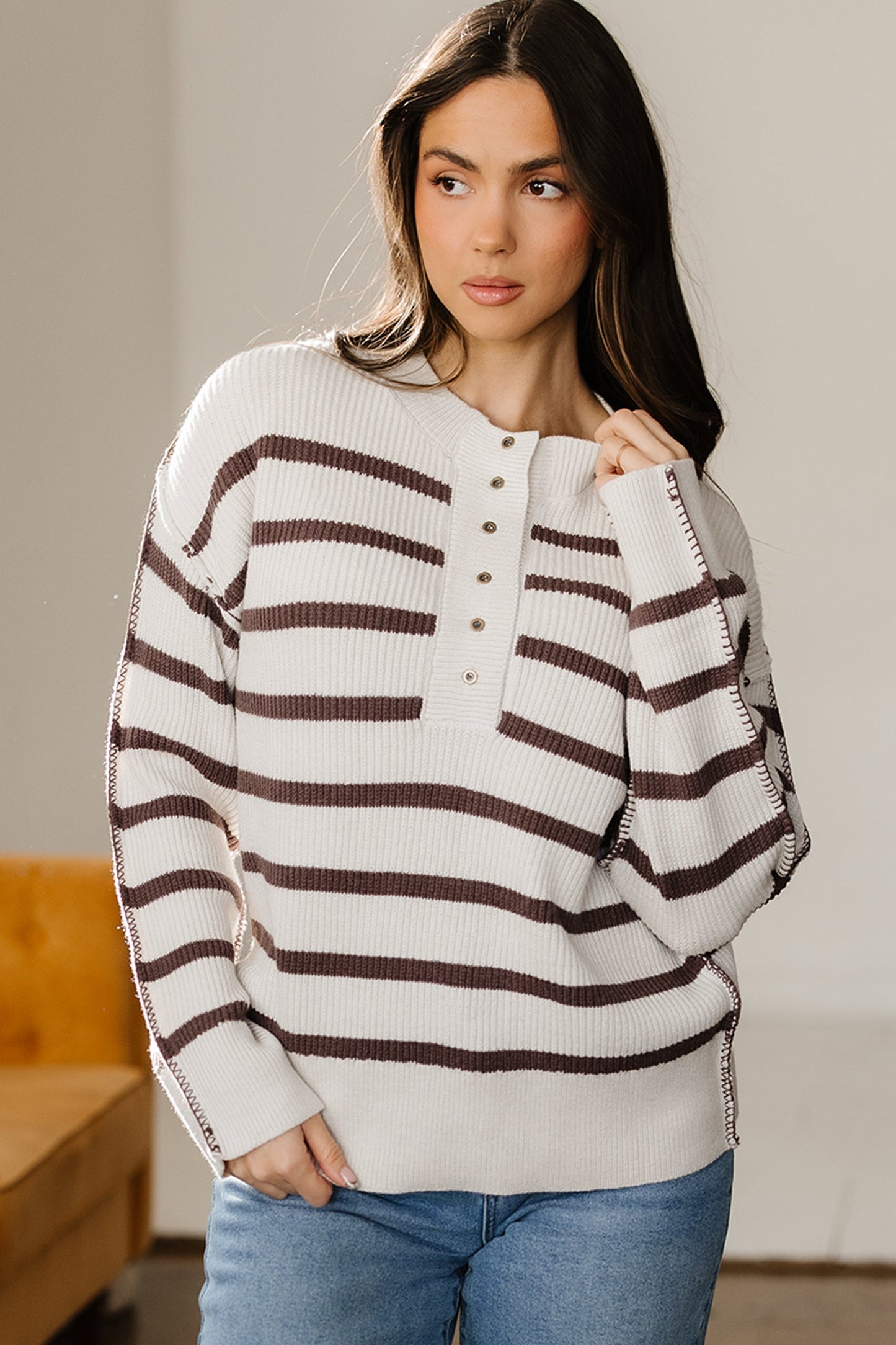 Brown Stripe Ribbed Henley Slouchy Sweater