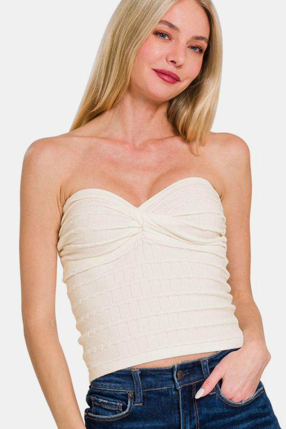 Zenana Ruched Twisted Sweetheart Neck Top-0