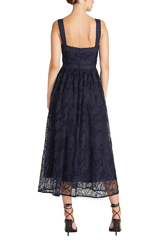 ML Monique Lhuillier Square Neck Sleeveless Ruched Embroidered Zipper Back A-Line Lace Dress-1