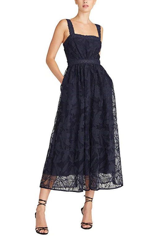 ML Monique Lhuillier Square Neck Sleeveless Ruched Embroidered Zipper Back A-Line Lace Dress-0