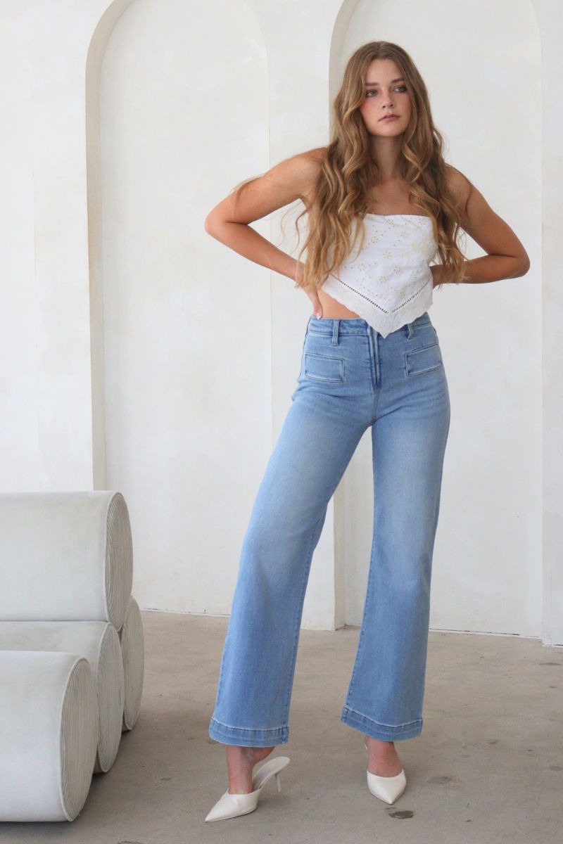 The Noemi Jean - Eco Friendly Front Pocket Detail High Rise Flare by Artemis Vintage