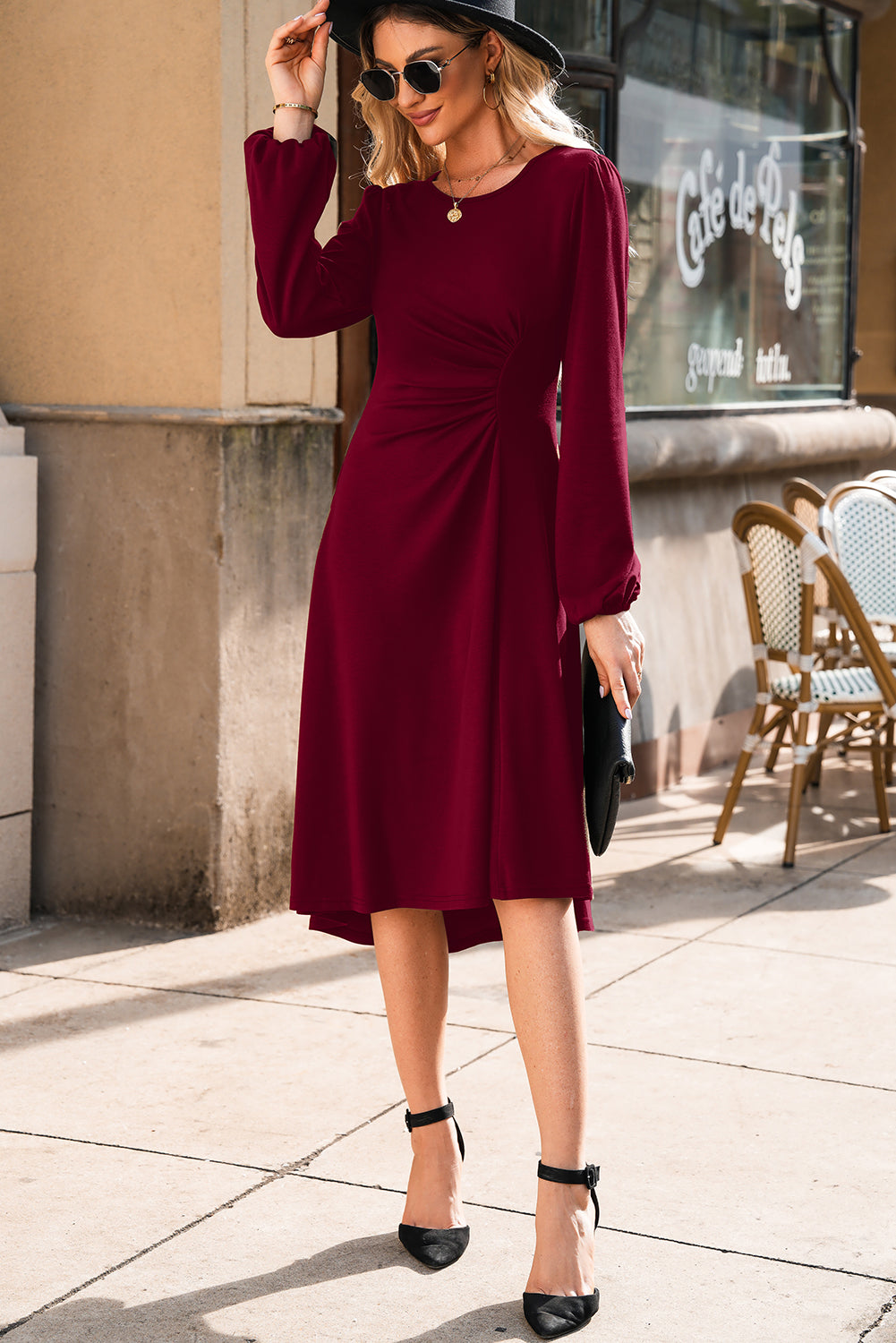 Ruched Long Sleeve Midi Dress in multiple colors