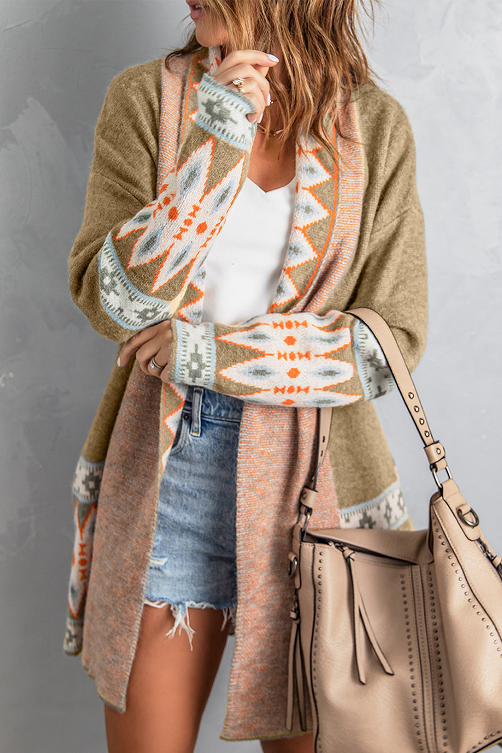 Aztec Knitted Cardigan in brown and khaki