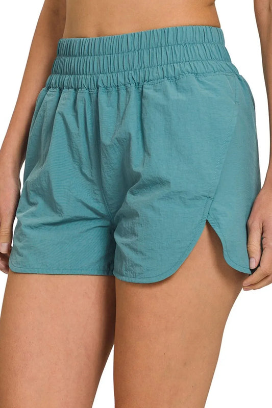 Zenana Windbreaker Smocked Waistband Running Shorts-0