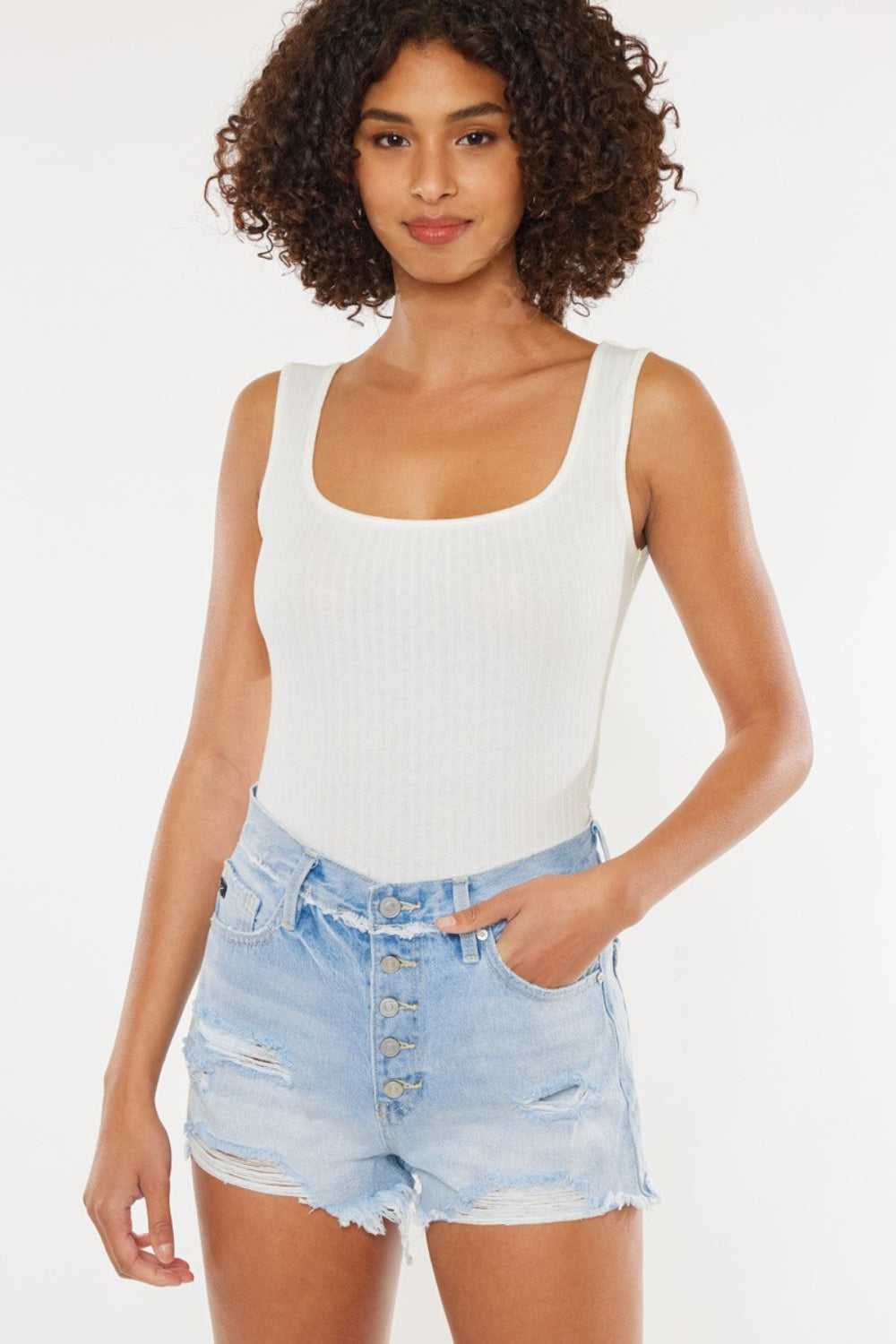 Distressed Button Fly Denim Shorts by Kancan