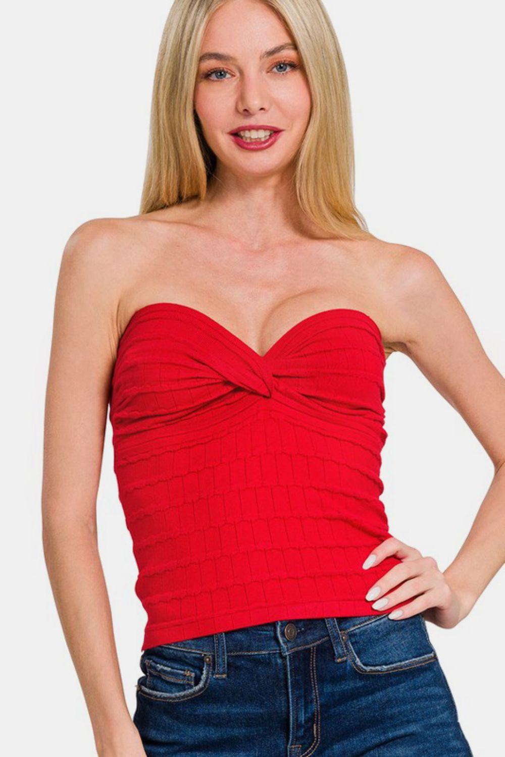 Zenana Ruched Twisted Sweetheart Neck Top-0