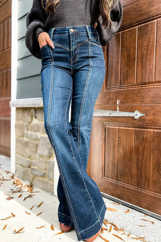 Seam Stitching Pocket Flare Jeans