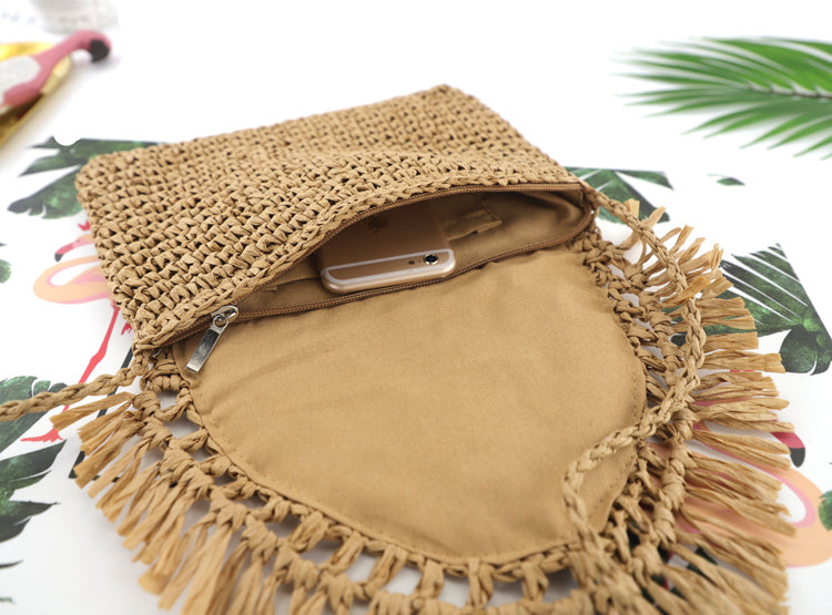 Sofia Foldover Straw Crossbody Bag in khaki and straw