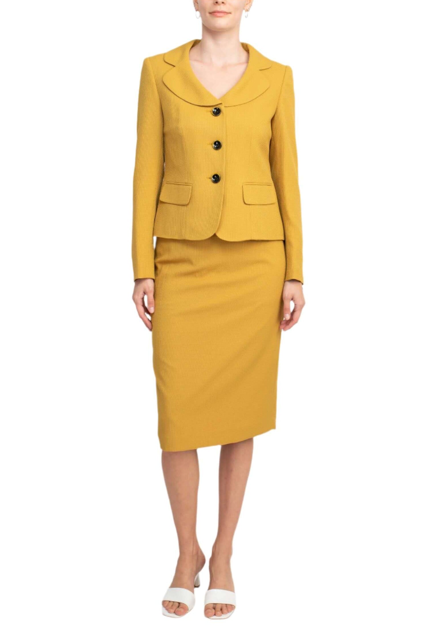 Le Suit Notched Collar 3 Button Flap Pocket Square Texture Jacket with Zipper Back Skimmer Skirt  (Two Piece)-0