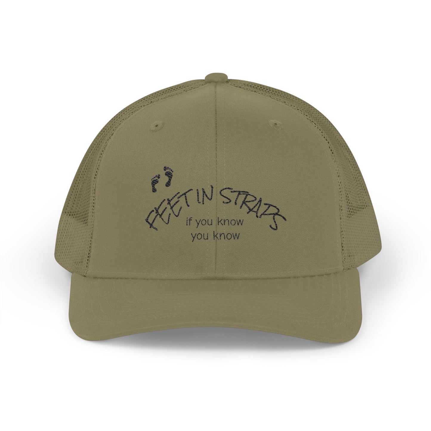 Feet in Straps Embroidered Snapback Trucker Cap - black font in multiple colors