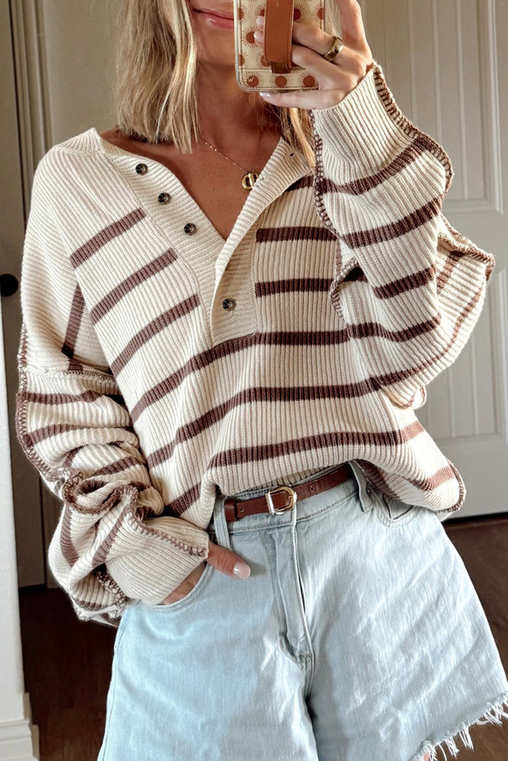 Brown Stripe Ribbed Henley Slouchy Sweater