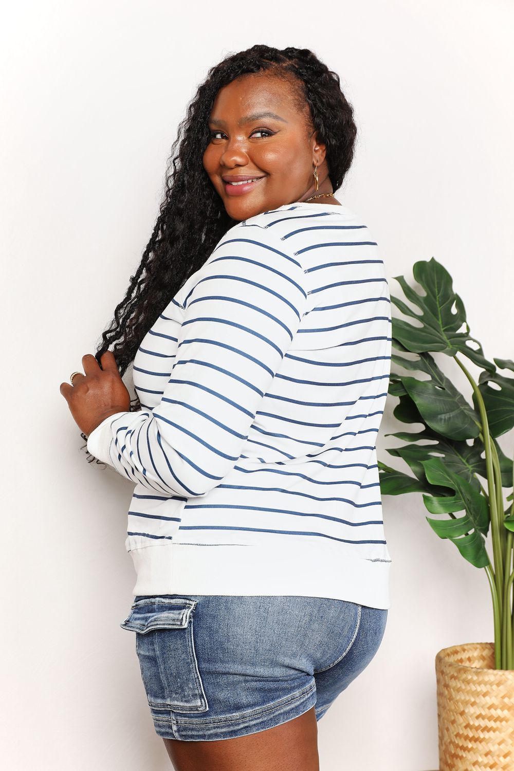 Double Take Striped Crewneck Sweatshirt