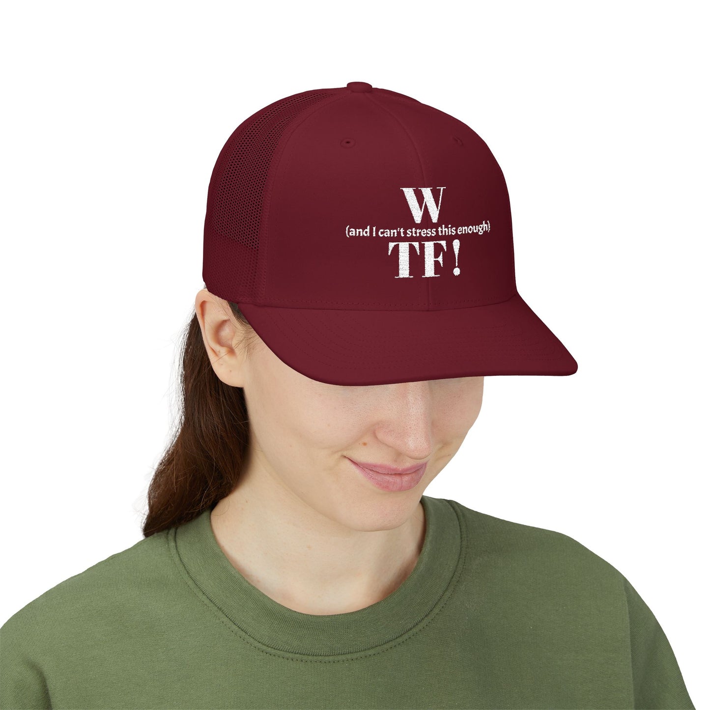 WTF Embroidered Snapback Trucker Cap - white font in multiple colors