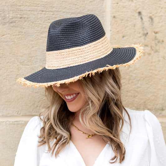 Fray Edge Rattan Panama Hat in black and white