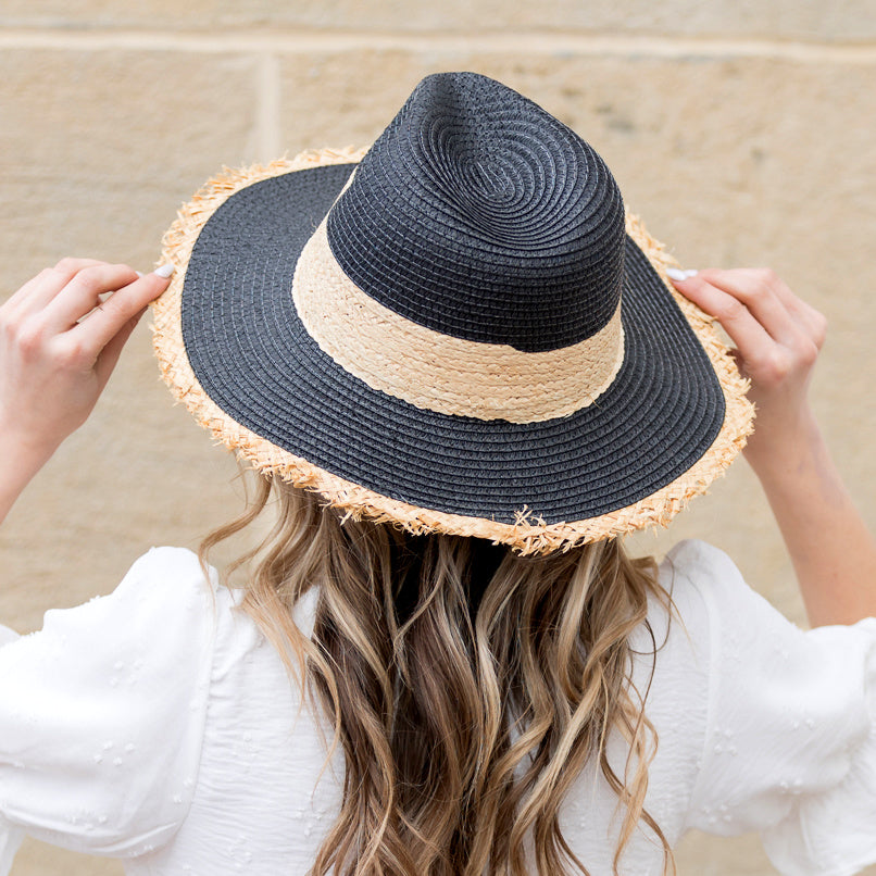 Fray Edge Rattan Panama Hat in black and white