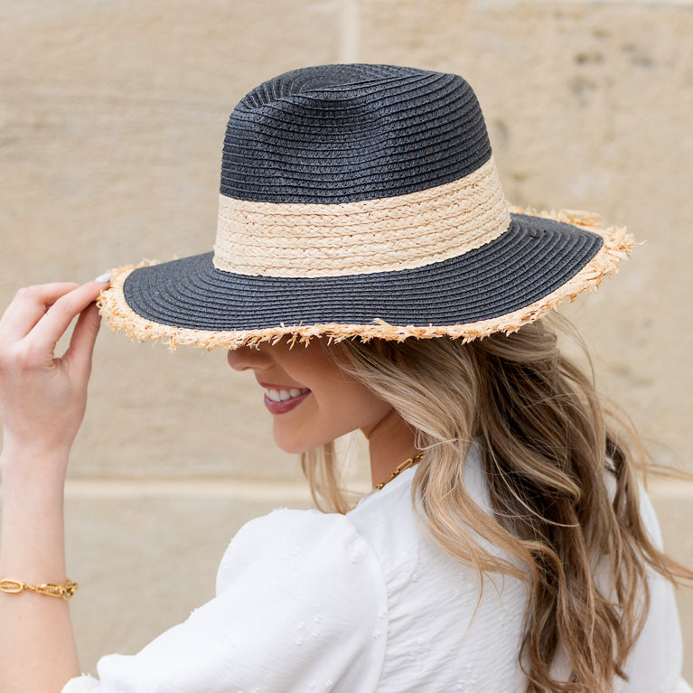 Fray Edge Rattan Panama Hat in black and white