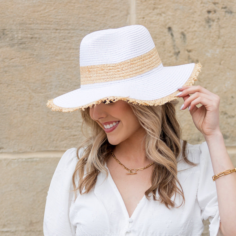 Fray Edge Rattan Panama Hat in black and white