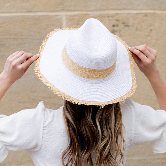 Fray Edge Rattan Panama Hat in black and white