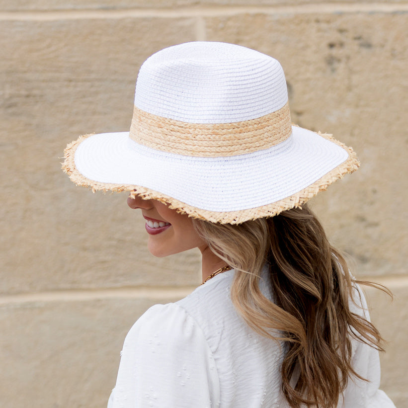 Fray Edge Rattan Panama Hat in black and white