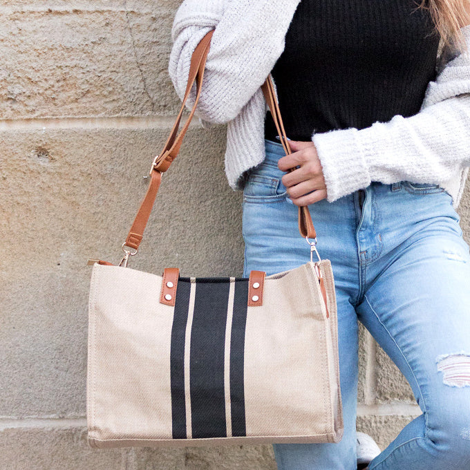 Canvas Stripe Tote in black