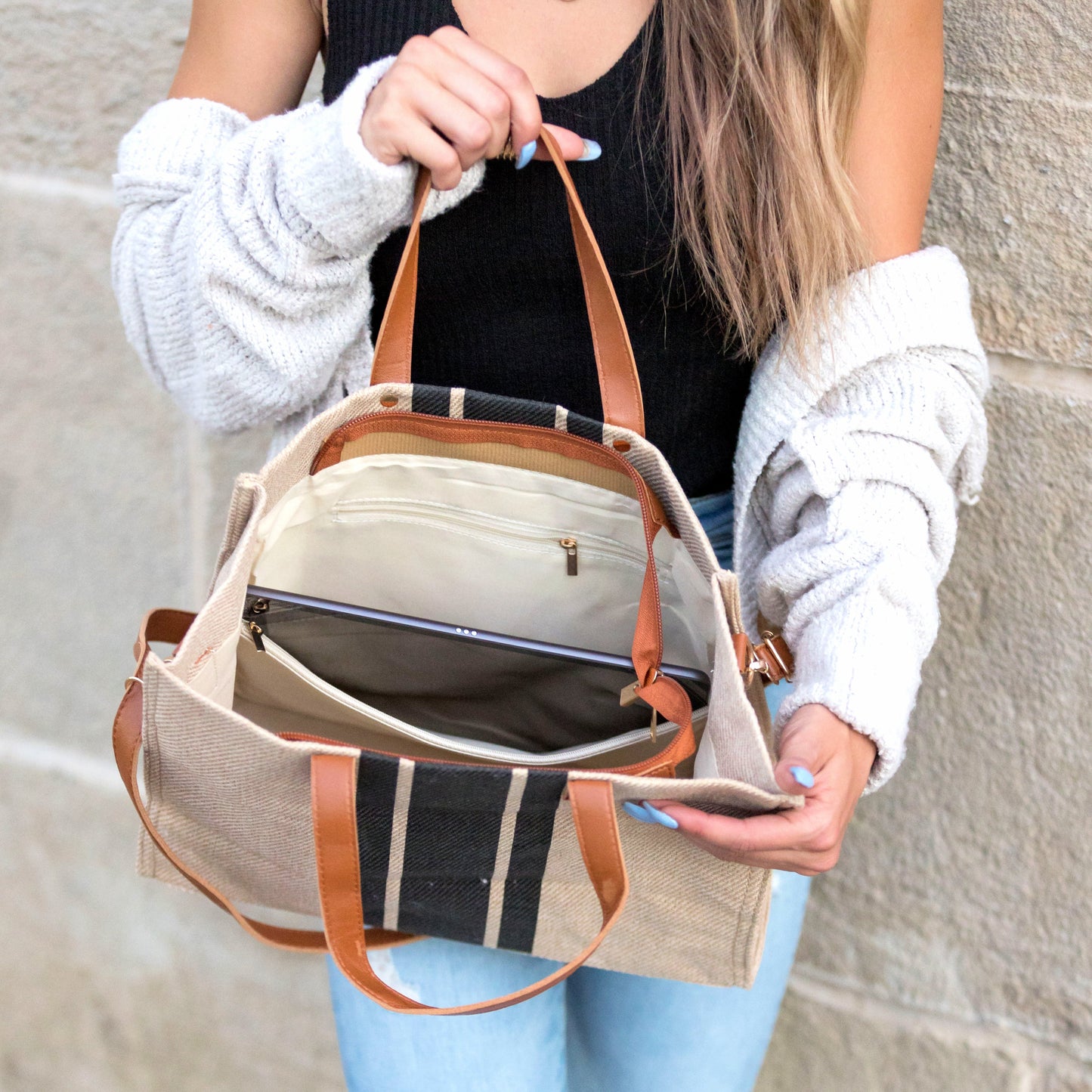 Canvas Stripe Tote in black